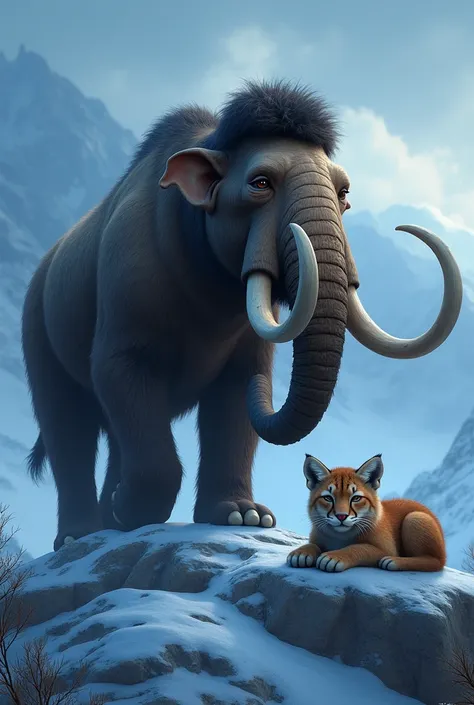 A prehistoric scene with a strong mammoth standing on a rocky outcrop with thick fur, large round ears and a bushy tail. A curled up baby cougar with slightly closed eyes, looking tired, is on the right side of the image. The background is a snowy setting ...