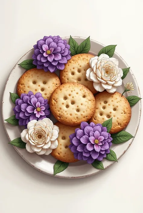 Cookies with hand drawn purple hydrangeas and white camellias. vintage drawing