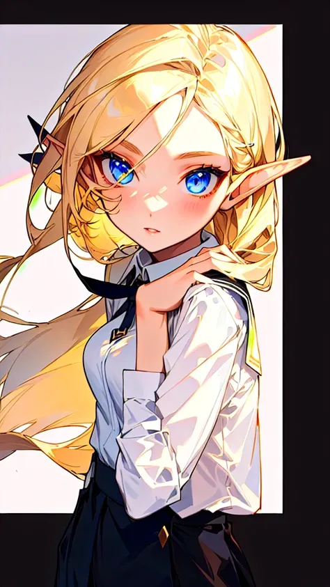 Elf college student, with elegant uniform , White shirt with tie for women and black skirt, blonde, slim body, beautiful eyes and beautiful face.