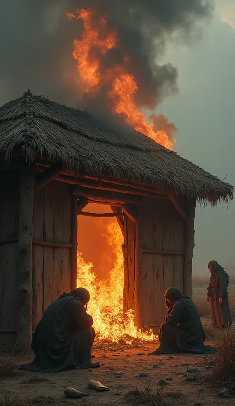 The Burning Manuscripts**: A dramatic scene of the hut with smoke rising and fire consuming the rare manuscripts. The manuscripts are visibly burning, with ashes floating into the air. The disciples are sitting outside the hut, heads in their hands, filled...