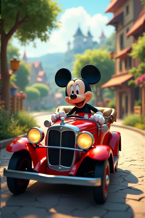 Mickey riding in a car
