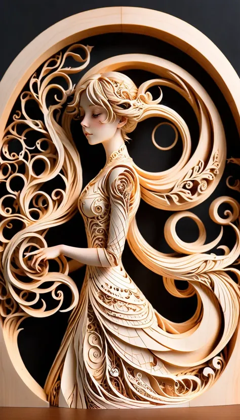 woodfigurez mural of a woman, in the style of aaron horkey, in the style of aphonse mucha  papercut, (masterpiece:1.2), best quality, (hyperdetailed, highest detailed:1.2), high resolution textures, 