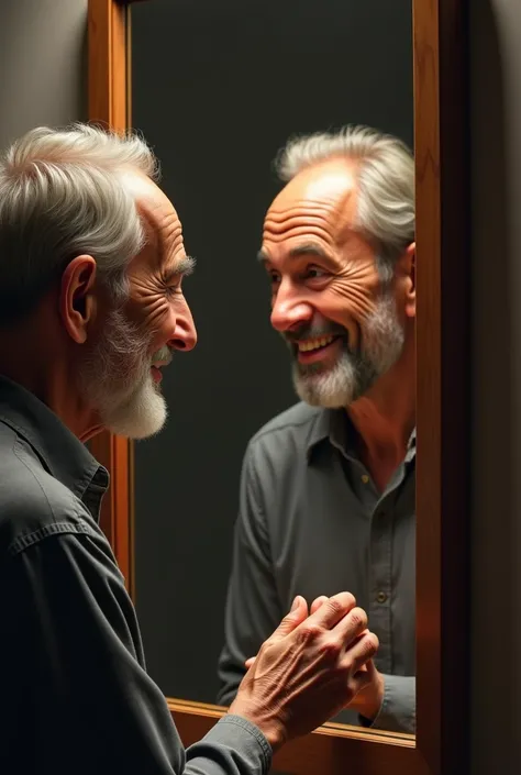 Create 4k photo of an elderly man looking at a beautiful smiling handsome man in the mirror.