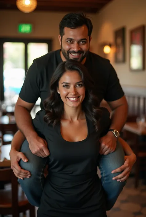 Create a realistic photograph of a smiling and beautiful Tunisian brunette woman in black waitress dress carrying a large stout indian man on her shoulder , in a restaurant, man is sitting on top of her shoulder, man on top, woman standing at bottom 