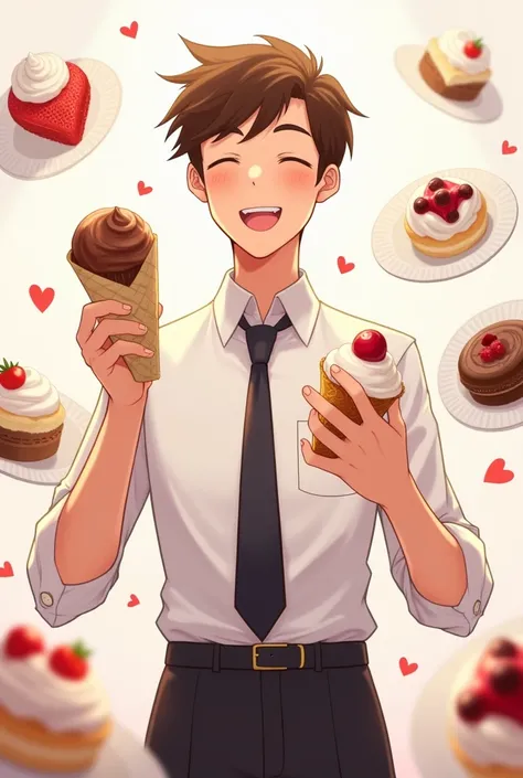 1 man, cute face, fair skin, short brown hair, simple white clothing, tie, black pants, decorations such as sweets, ice cream, chocolate, jam, happy face, eating happily, holding sweets to eat