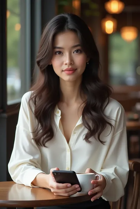 
"A 30-year-old woman with long, wavy dark brown hair, wearing a white silk blouse and black dress pants, is having breakfast at a café. She looks stunning, with her attention focused on her cell phone in one hand and holding a coffee cup in the other. Her...