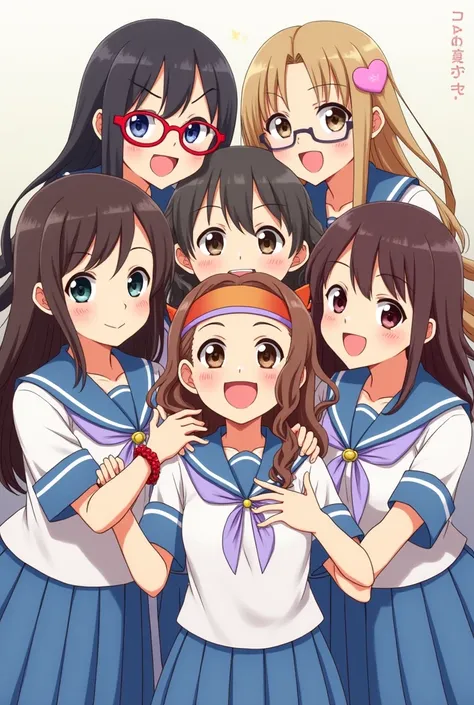 Dame un anime with 6 girls incluye un título "Tatareta yūjõ and hibiki" In the image, with 6 girls, The first girl should be in the middle with brown eyes, long brown hair con diadema, The one on your right has light brown hair, with brown glasses and thin...