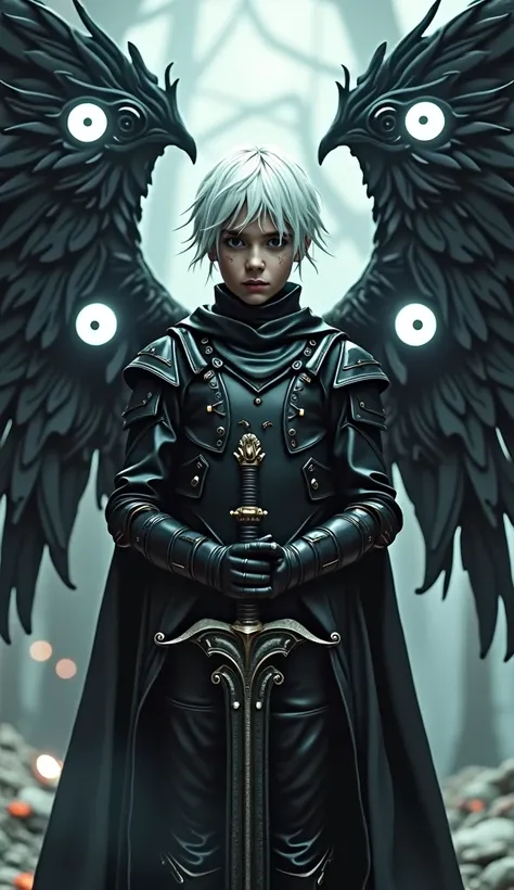 "A 1 boy with white hair and black eyes with white pupils, wearing black armor. He has six wings on his back, each featuring a black eye with a white pupil at the center. He holds a black sword radiating white light."
