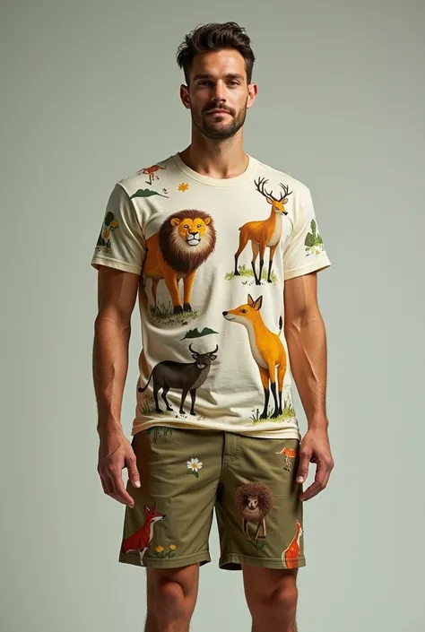 Men&#39;s costume of land animals, shorts and a T-shirt that covers the chest, with the tile having appliqués of land animals 