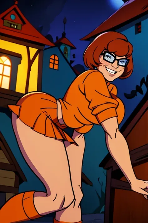 Velma, orange sweater, red mini skirt, big breasts, smile, bob haircut, smile, night, in side haunted house
