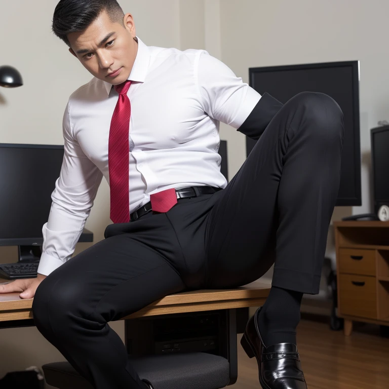 60 year old father,One Man、Black Shirt、Red tie、black slim pants、Dark office。Sit at a desk、Businessman President,Muscular、Buzz cut、Very short perm、Asian Face　Stubble、Gay、The crotch area of your trousers is bulging　Black socks　Facing forward