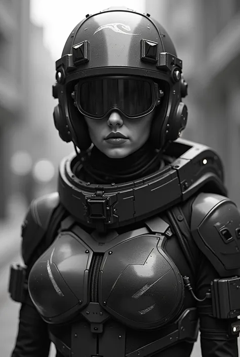 Grayscale photo of a female soldier wearing a ballistic helmet,including enhanced vision goggles with oni-style ballistic armor, cyberpunk