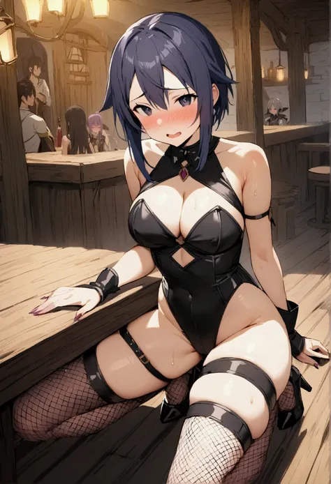 NSFW,masterpiece,Best Quality,High resolution,Very detailed,One girl,Chinon(Sword Art Online),leotard,mesh,Shoulder Bare,Cleavage cutout,Frilled mini skirt,Thigh straps,Fishnet stockings,High heels,Embarrassed,blush,Lustful face,Fantasy World,Adventurer&#3...