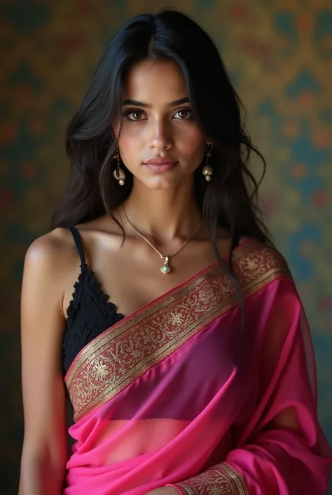 Indian girl, pink saree, black spaghetti type blouse, deep cleavage, full view