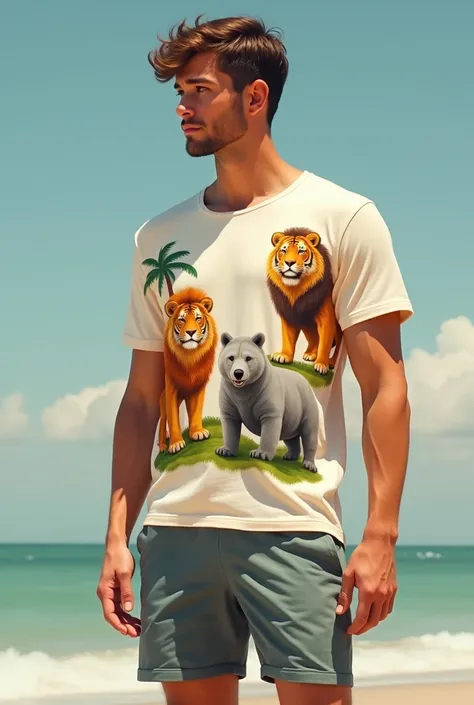 Costume for men with land animals: shorts and a t-shirt that covers the chest and has land animal appliqués so that the body can be seen a little. 