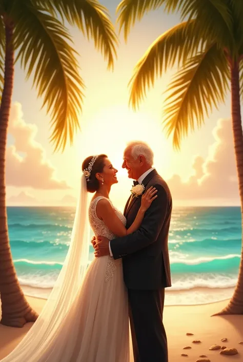 romantic golden wedding of an elderly couple (couple celebrates on the Caribbean PALM BEACH) (frontal view to the viewer)