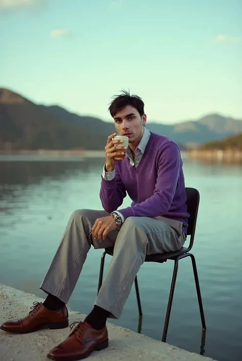 documentary photography of a slim man as a ((fisherman)) with ((feathered cut hair)) With a tie or bowtie,  adding a formal or quirky touch to the ensemble,  dressed in purple v-neck sweater,  light gray chinos,  brown brogues,  water body,  hills,  clear ...