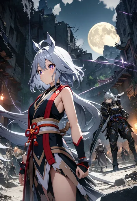 girl, , Samurai Armor, Samurai Pearl, knife、Purple lightning flashes in the background、Gray Hair、Decaying ruins,(((masterpiece))),Highest quality, figure,(Beautiful detailed girl),Exposing shoulders,flat_CHST,Diamonds and sparkling eyes,Beautiful and detai...