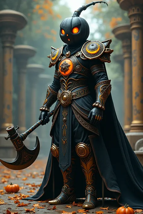 a man a halloween warrior with a black pumpkin head using a crushing axe, astral wizard clothes, mage robe based on a toucan, fancy dress, lunar themed costume, fantasy style 8k octane render, ornate cosplay, celebration costume, black witch character, hyp...