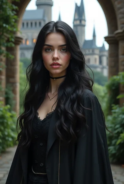 A Hogwarts student, she is a Spanish girl with fair skin and wavy black hair. She has small, sharp grey eyes and natural red lips.