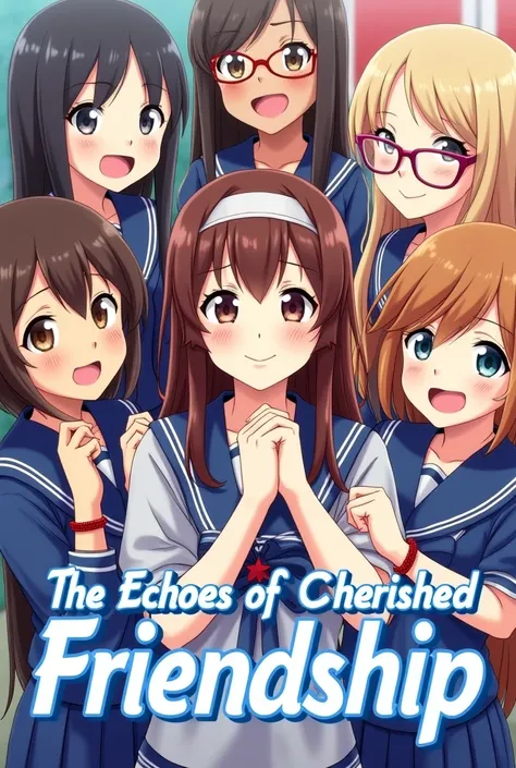 Dame un anime with 6 girls incluye un título tatareta yūjõ no hibiki en la imagen, with 6 girls, The first girl should be in the middle with brown eyes, long brown hair con diadema, The one on your right has light brown hair, with brown glasses and thin bl...