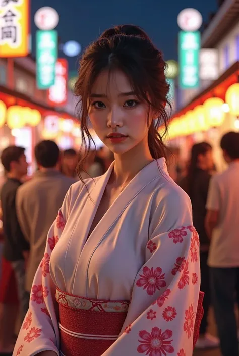 Wearing a white yukata with a pink cherry blossom pattern, looking at the camera, G-cup breasts, perfect body, Japanese festival background, lots of people, night time. 