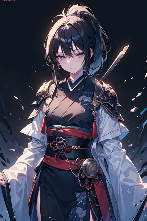 Japan, Dark Background, Enveloped in a black mist, warrior, Close your eyes, Glare, Oblique Mouth, Cowboy Shot,((Very detailed,Best Quality, High resolution, 8K wallpaper, Beautiful new clothes,)),((Black Hair, ponytail,My hair is messy)), Eyeshadow