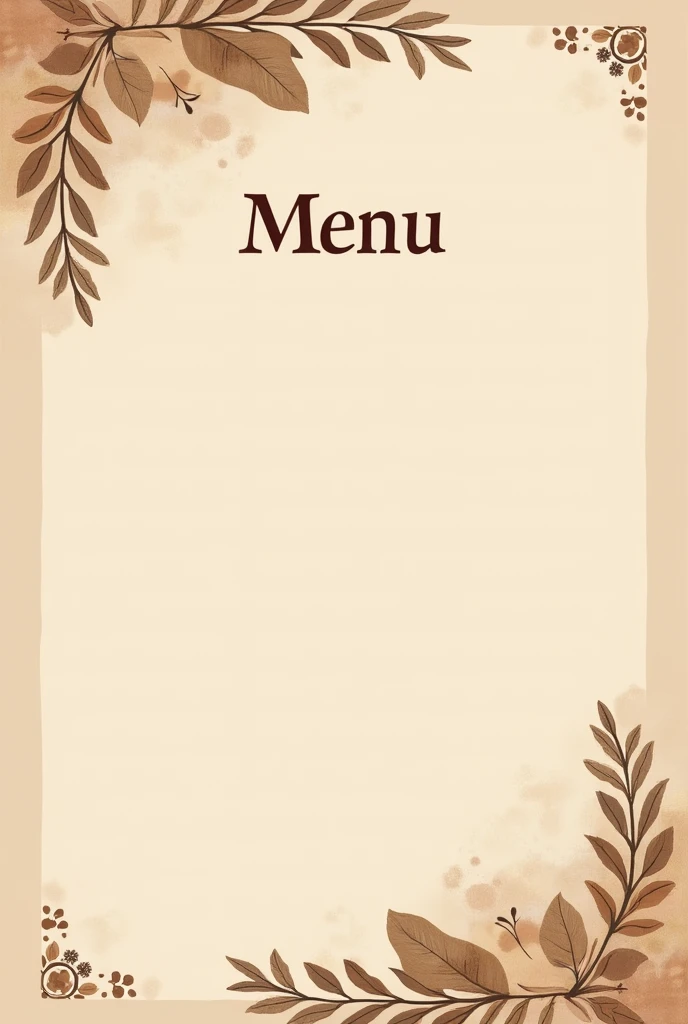 make an empty menu for a desi kitchen and it should be simple, colour must be the combination of brown and beige also add some leaves at the borders and some flowers should look like a desi kitchen’s menu