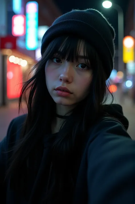 Cute emo teen, Long black hair short bangs selfie, aerial view, multiple light sources, night, beanie, emo apparel 