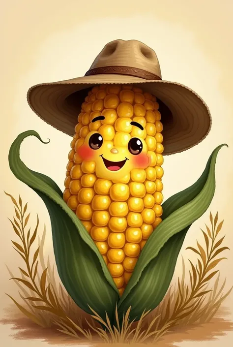 Create an image of a corncob wearing an illustrator-style farmer&#39;s hat 