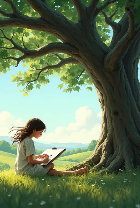 a Girl sitting under the oak tree drawing