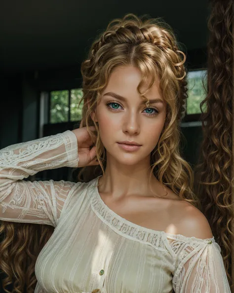 Ultra realistic photo portrait of a blonde curly hair, green brown eyes, meticulous detail, highly detailed, 4k, high resolution 