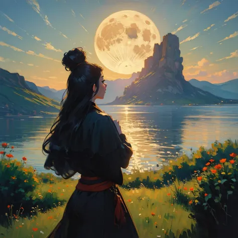 ((Best Quality, 8K, Masterpiece: 1.3)), oil painting still life, illustration of a silhouette of women praying at the full moon from a distant hilltop, the moon dominating the background.