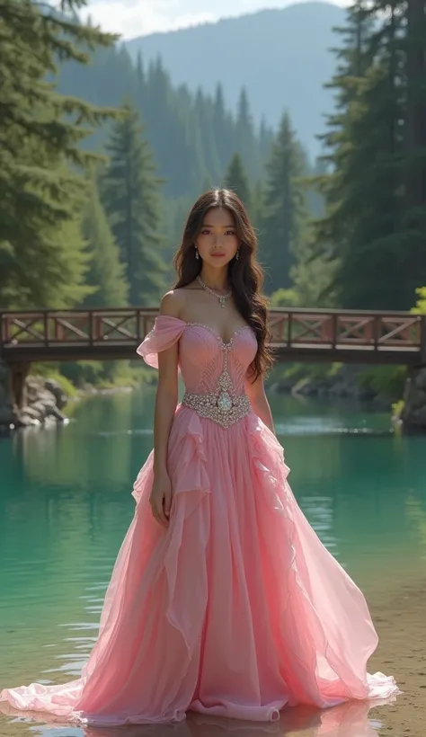 8K, ultra hd, masterpiece, very realistic, 1 girl, good face, very long hair, detailed eyes, detailed lips, medium breasts, satin pink very beautiful princes frock, pink satin frock, diamonds, jewellery, necklace, earring, lake, landscape, sitting, Bridge,...