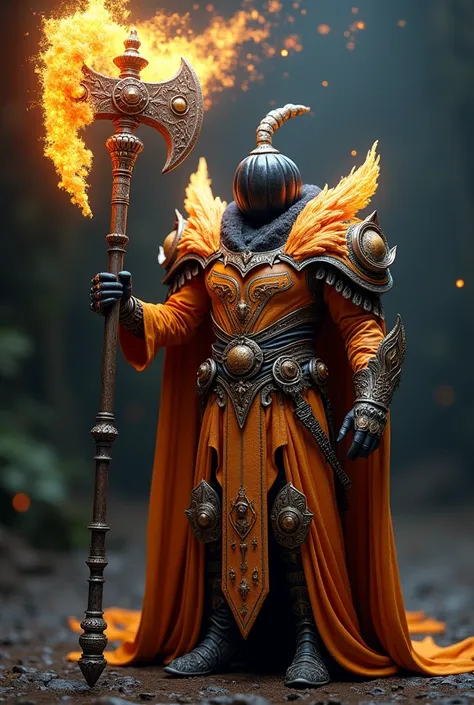 a man a Halloween warrior with a black pumpkin head using a massive axe with flaming tips, astral wizard clothes, mage robe based on a toucan, fancy dress, lunar themed costume, fantasy style 8k octane render, ornate cosplay, celebration costume, black wit...