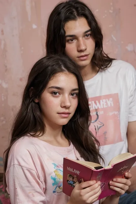 photorealistic, the image of a pink background with paint stains and brushes, Two teenagers, a woman reading a book and a man drawing, realistic, The girl with long wavy brown hair and grey eyes, the boy with straight black hair, brown eyes