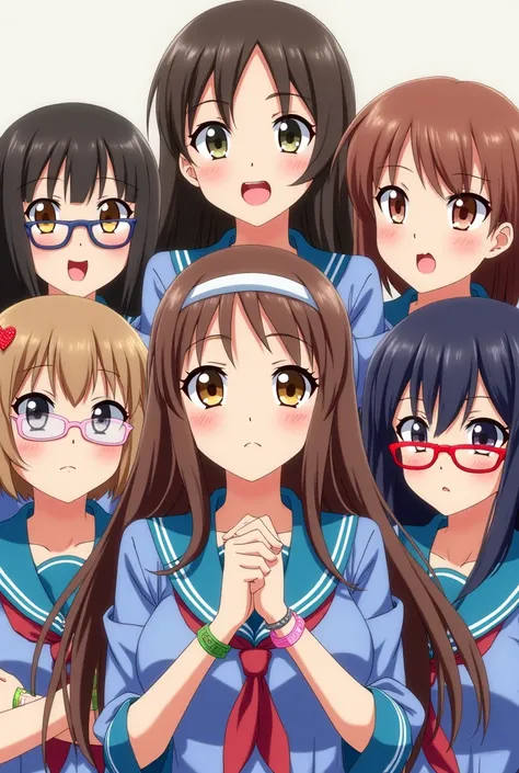 Dame un anime with 6 girls incluye un título que se llame: "Tatareta yūjõ and hibiki" In the image, with 6 girls, The first girl should be in the middle with brown eyes, long brown hair con diadema, The one on your right has light brown hair, with brown gl...