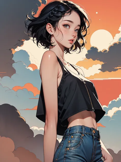 Short Hair, Braided Bangs、Beautiful woman, Small face、Freckles、Tank tops、Short damage、Jeans with zipper open、White skin、Large bust、High ground, sunset, (Flat Color, Flat texture, Line art:1.2), graphic design, (Dark Ink, Ink Black)