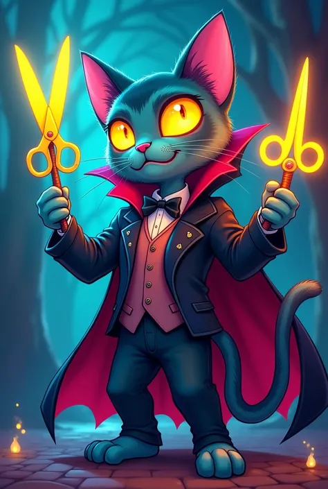 A phantom cat in dacula suit doing magic with his magic stick and gn Cysors written in yellow colour cartoon 