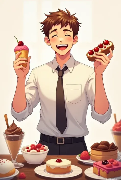 1 man, cute face, fair skin, short brown hair, simple white clothing, tie, black pants, decorations such as sweets, ice cream, chocolate, jam, happy face, eating happily, holding sweets to eat