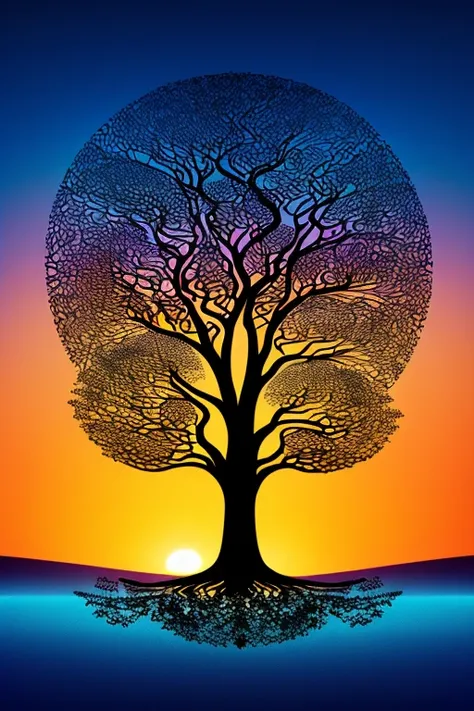 Design: A large tree in the center with branches that resemble intricate circuit patterns, and leaves that have geometric designs or are made to look like small solar panels.
   - Background: A gradient from deep blue at the top to a warm orange at the bot...