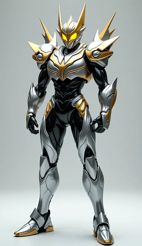 Design a Kamen Rider in metallic silver and metallic gold.。The motif is「Hawk」in、ボディはシャープinスリムなラインを強調しています。ヘルメットにはHawkのくちばしを象徴する鋭いデザインを取り入れ、Please put a metallic gold visor on the eyes.。武器は剣in、Feather-like design、Please add a gimmick where the sword emits f...