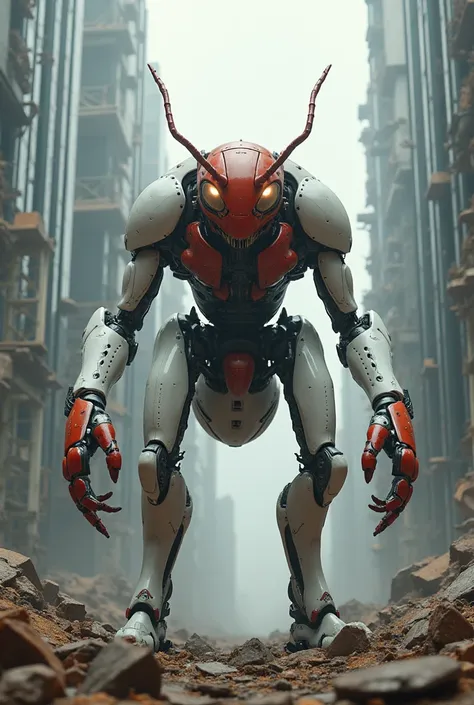 A red ant standing in between ruin skyscrapers in white metal suit 