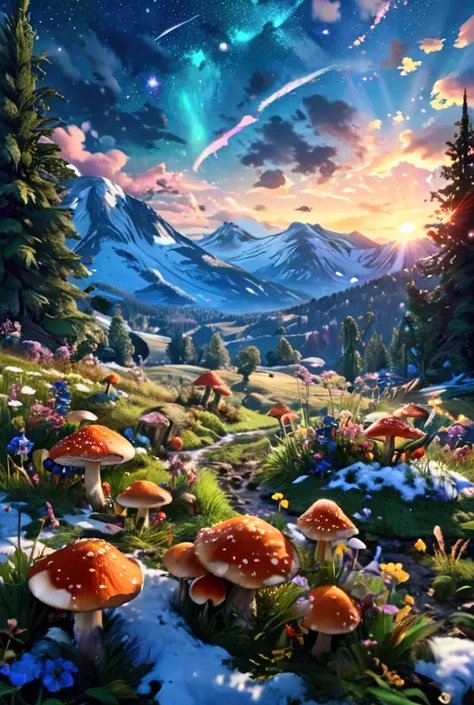 A beautiful winter landscape, a meadow with flowers, mushrooms, blueberries and beautiful green grass. In the background, giant mountains with snow on top, deep vouchers, the night sky shines with stars and meteors passing by giving the impression of movem...