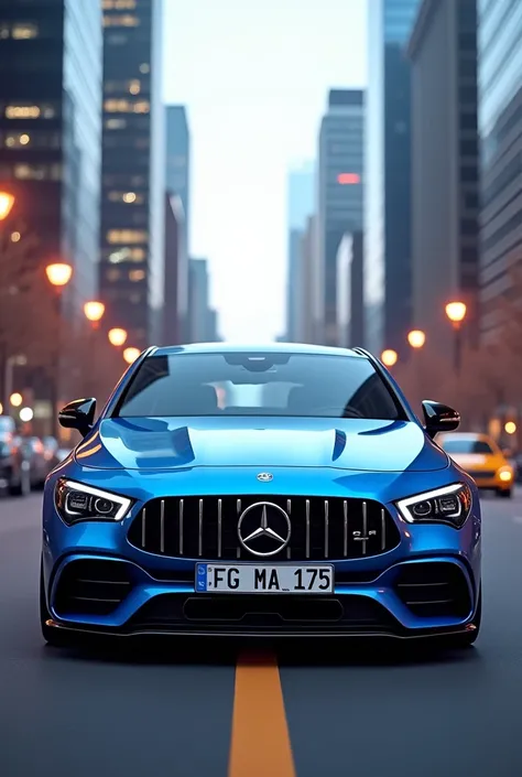 Mercedes cla 45 s amg in baby blue in a city from the front with the German license plate FG MA 175