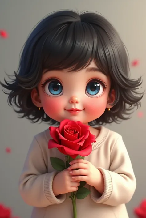 A cute baby girl Big Blue eyes and holding a red rose and give a cute smile with red fluffy cheeks and her hair is totally black 