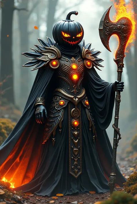 a Man a Halloween warrior with a black pumpkin head using a flaming overwhelming Axe, astral wizard christmas tree clothes, mage robe based on a toucan, fancy dress, lunar themed costume, fantasy style 8k octane render, ornate cosplay, celebration costume,...