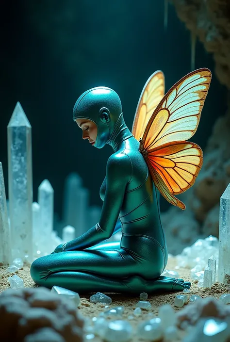 (Ultra high definition, clear, delicate) In a dark cave with sharp, transparent crystals rising out of it., A woman wearing a bright turquoise shiny metallic diving suit and diving cap with colorful silk moth wings., Bend over in the fetal position in the ...