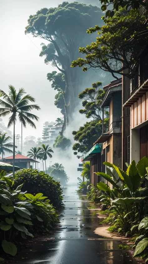 brazillian city escape,
streets covered by very high trees,
tropical mid size sea side city,
tropical vegetation,
rainy climate,
dew,
wet,
smooth fog,
smooth steam,
warm colors,
noon shot,
modern design,