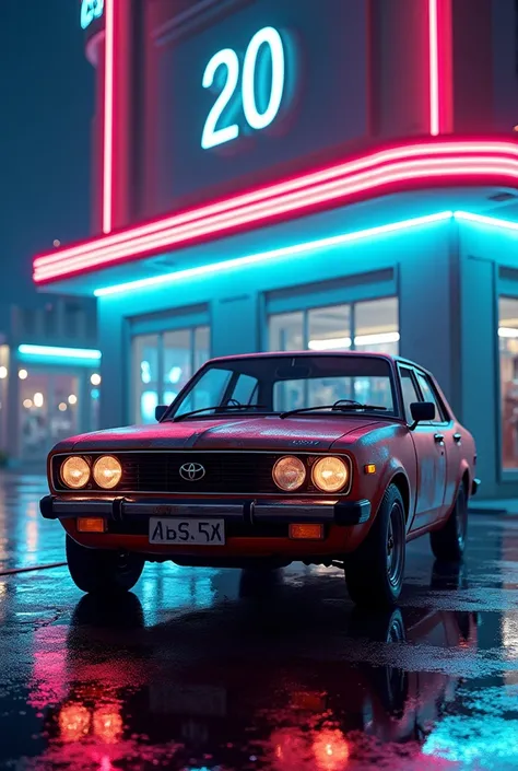 Make toyota corolla xli oldest model car photo with beautiful neon lights and beautiful building in background